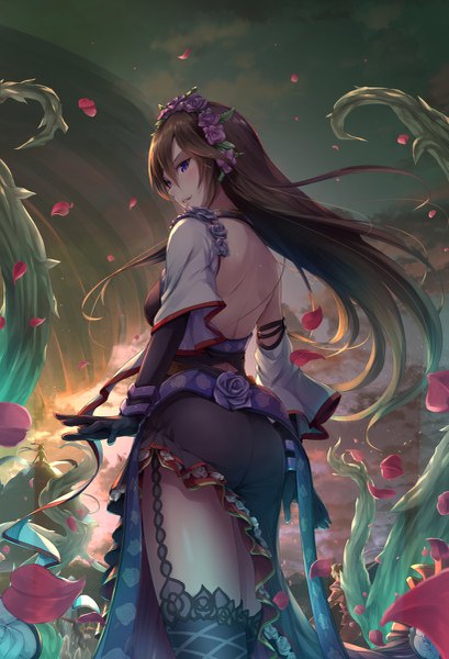 Anime picture 819x1200 with granblue fantasy rosetta (granblue fantasy) sakusaku single long hair tall image looking at viewer blush fringe light erotic hair between eyes brown hair standing purple eyes cloud (clouds) parted lips profile looking back hair flower wind
