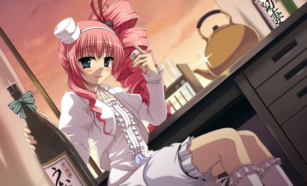 Anime picture 1980x1200 with kore wa zombie desu ka? studio deen chris (zombie) shira-nyoro single long hair blush highres blue eyes wide image sitting pink hair drill hair girl dress hat bottle alcohol sake choko (cup)