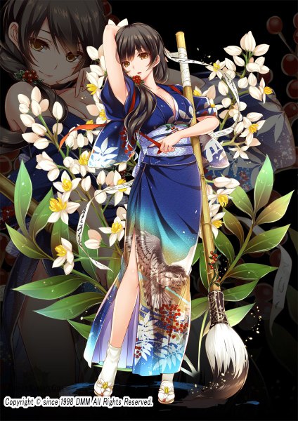 Anime picture 848x1200 with flower knight girl heavenly bamboo (flower knight girl) moneti (daifuku) single long hair tall image looking at viewer open mouth black hair brown eyes traditional clothes japanese clothes dark background girl flower (flowers) kimono obi paintbrush calligraphy brush