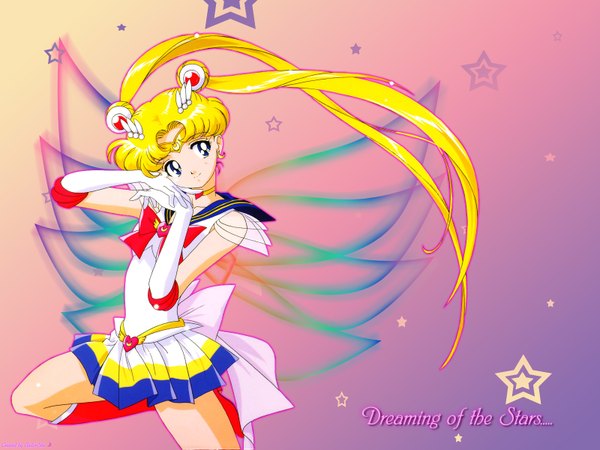 Anime picture 1600x1200 with bishoujo senshi sailor moon toei animation tsukino usagi super sailor moon single blue eyes blonde hair twintails very long hair girl gloves hair ornament bow earrings heart star (symbol) moon (symbol)