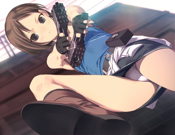 Anime picture 1050x807 with resident evil jill valentine uni (plastic girl) light erotic underwear panties weapon boots pistol