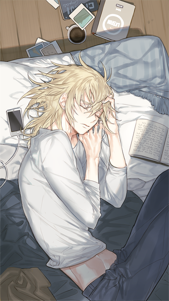 Anime picture 500x889 with tagme (copyright) kissai single long hair tall image blonde hair payot lying eyes closed midriff on side sleeping messy hair boy book (books) bed pants t-shirt mobile phone cup