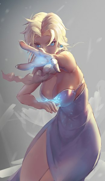 Anime picture 523x900 with frozen (disney) disney elsa (frozen) pandea work long hair tall image breasts blue eyes light erotic simple background blonde hair large breasts standing bare shoulders braid (braids) grey background leaning leaning forward outstretched arm magic