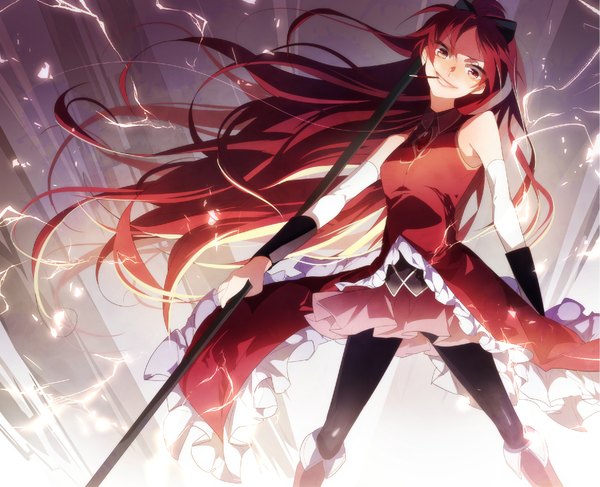 Anime picture 2266x1843 with mahou shoujo madoka magica shaft (studio) sakura kyouko rituiti long hair blush highres smile red eyes ponytail red hair lightning girl dress bow weapon hair bow detached sleeves sweets pocky