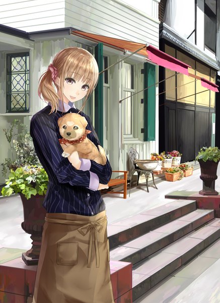 Anime picture 1300x1781 with dog cafe one noir mikipuruun no naegi single tall image looking at viewer blush fringe open mouth blonde hair smile standing purple eyes holding outdoors long sleeves official art side ponytail happy striped polka dot