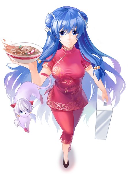 Anime picture 1000x1350 with ranma 1/2 shampoo (ranma 1/2) aile (crossroads) long hair tall image looking at viewer blue eyes simple background white background blue hair chinese clothes girl animal food noodles ramen