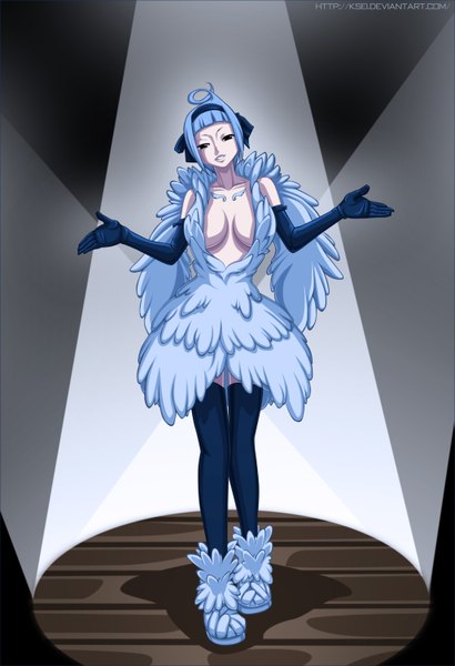 Anime picture 1027x1500 with fairy tail angel (faity tail) ksei single tall image short hair breasts light erotic blue hair cleavage ahoge black eyes coloring girl thighhighs gloves black thighhighs elbow gloves hairband