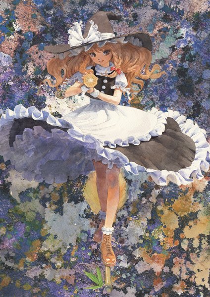 Anime picture 805x1138 with touhou kirisame marisa misawa hiroshi single long hair tall image looking at viewer fringe blonde hair brown eyes braid (braids) maid single braid wavy hair side braid lacing walking witch weightlessness traditional media