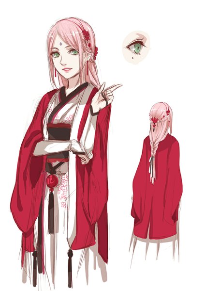 Anime picture 826x1169 with naruto studio pierrot naruto (series) haruno sakura juni gen single long hair tall image looking at viewer simple background smile white background green eyes pink hair traditional clothes japanese clothes hair flower back girl hair ornament