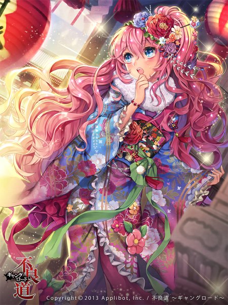 Anime picture 750x1000 with furyou michi ~gang road~ yeonwa single long hair tall image blush open mouth blue eyes pink hair traditional clothes japanese clothes hair flower wavy hair girl hair ornament flower (flowers) kimono kanzashi fur-trimmed kimono