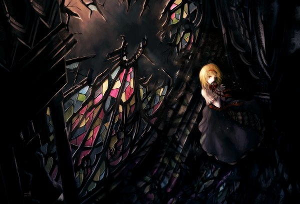 Anime picture 1200x818 with touhou alice margatroid archlich single looking at viewer short hair blonde hair red eyes from above broken glass girl headband stained glass