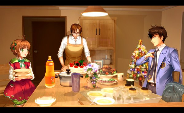 Anime picture 1500x929 with card captor sakura clamp kinomoto sakura kinomoto touya kinomoto fujitaka mutsuki (moonknives) blush short hair smile brown hair wide image green eyes light smile multiple boys christmas cooking father and daughter girl dress boy