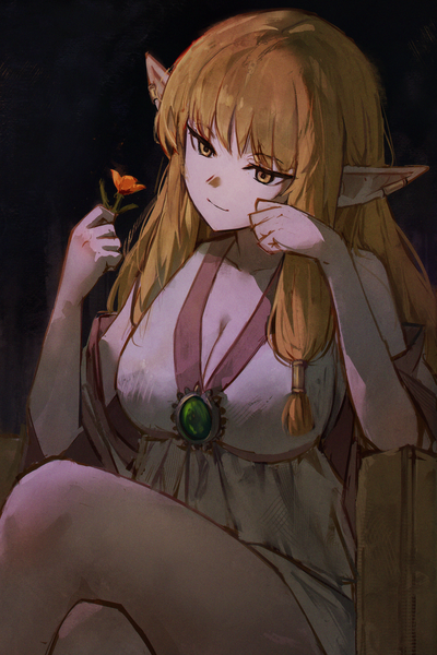 Anime picture 1447x2169 with sousou no frieren serie (sousou no frieren) cherre single long hair tall image breasts light erotic simple background blonde hair large breasts sitting yellow eyes looking away cleavage pointy ears crossed legs black background elf head rest