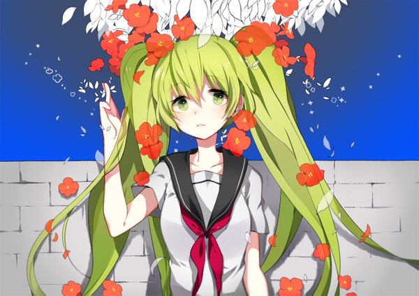 Anime picture 1400x991 with vocaloid hatsune miku dasulchan single long hair twintails green eyes green hair brick wall crossed fingers girl flower (flowers) serafuku campsis