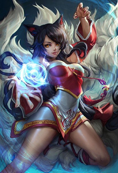 Anime picture 600x877 with league of legends ahri (league of legends) lucidsky single long hair tall image fringe breasts black hair animal ears bent knee (knees) tail orange eyes magic facial mark fox girl multiple tails whisker markings girl detached sleeves