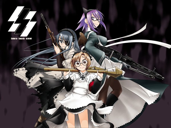Anime picture 1024x768 with ootsuka mahiro maid nazi glasses gun eyepatch rifle machine gun rpg mg42 panzerfaust die starke ss