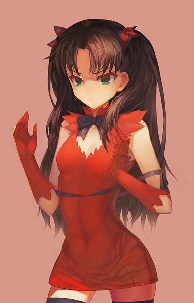 Anime picture 666x1037 with fate (series) fate/stay night type-moon toosaka rin paku (artist) single long hair tall image breasts brown hair standing green eyes looking away two side up zettai ryouiki sleeveless thighs cosplay rei no himo alternate color