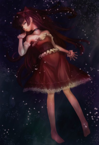 Anime picture 1138x1665 with kyol-2 single long hair tall image looking at viewer blush black hair bare shoulders barefoot black eyes on back girl dress hair ornament ribbon (ribbons) hair ribbon red dress