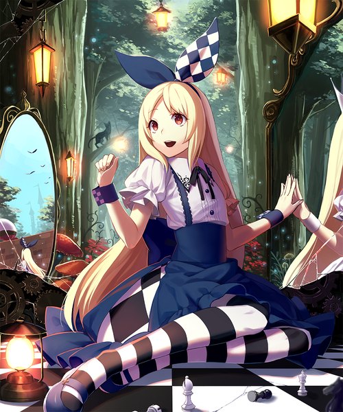 Anime picture 1000x1200 with alice in wonderland original alice (wonderland) sakuma e single long hair tall image fringe open mouth blonde hair red eyes sitting fingernails holding hands floor broken different reflection girl dress ribbon (ribbons)