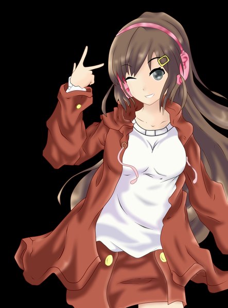 Anime picture 3145x4257 with tagme (artist) single long hair tall image looking at viewer fringe highres breasts simple background smile absurdres head tilt one eye closed arm up wink open jacket black background eyebrows girl skirt
