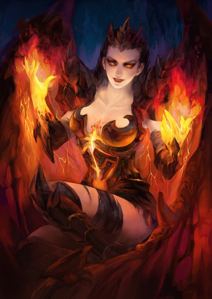 Anime picture 1080x1522 with world of warcraft blizzard entertainment onyxia heise wanbaolu single long hair tall image black hair horn (horns) lips orange eyes magic demon girl demon wings girl gloves wings elbow gloves armor fire