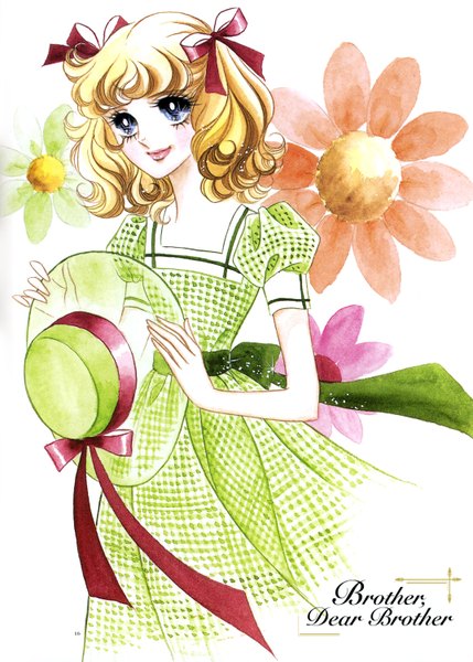 Anime picture 1073x1500 with oniisama e nanako misono tall image blue eyes simple background blonde hair white background twintails holding inscription summer hat removed headwear removed girl dress flower (flowers) bow ribbon (ribbons) hair ribbon hat