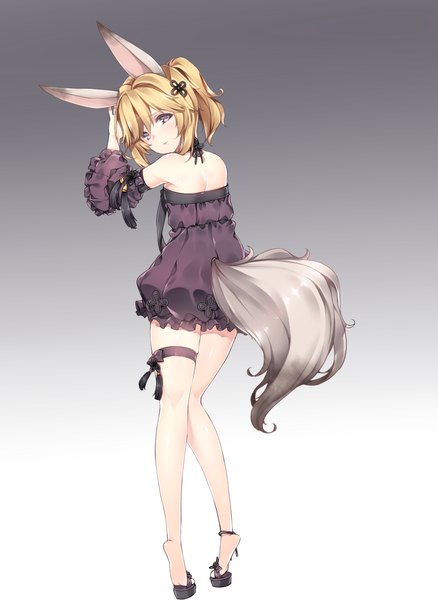 Anime picture 1032x1413 with blade & soul lyn (blade & soul) kuro (kuronell) single tall image blush short hair blonde hair bare shoulders grey eyes girl dress detached sleeves