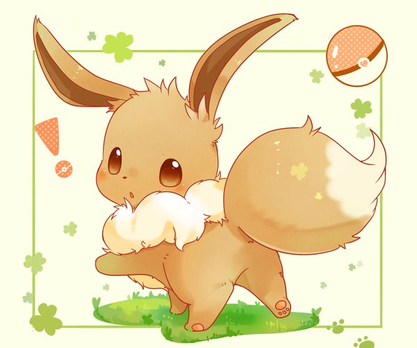 Аниме картинка 1200x1000 с покемон nintendo eevee ushiinu один (одна) смотрит на зрителя румянец оглядывается без людей обрамлённый милый gen 1 pokemon ! животное покебол клевер (растение)