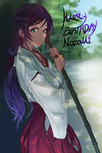 Anime picture 700x1050 with love live! school idol project sunrise (studio) love live! toujou nozomi modare single long hair tall image looking at viewer smile standing green eyes purple hair traditional clothes japanese clothes girl