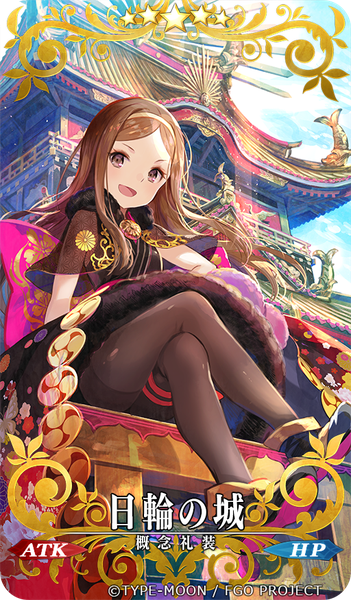 Anime picture 512x875 with fate (series) fate/grand order chacha (fate) chacha (fate/grand order) fuzichoco single long hair tall image looking at viewer open mouth light erotic brown hair sitting official art crossed legs floral print happy architecture east asian architecture girl