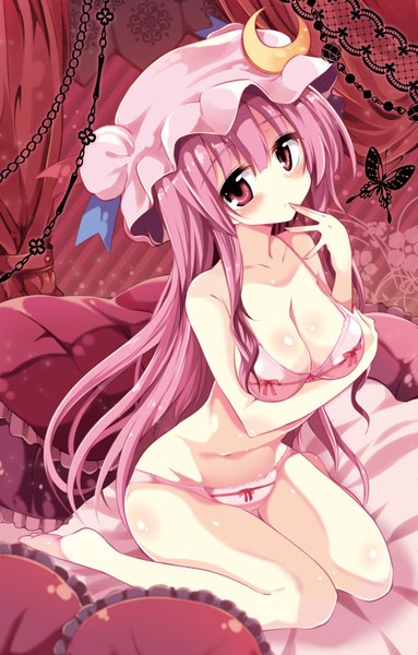 Anime picture 1124x1758 with touhou patchouli knowledge matsuri uta single long hair tall image looking at viewer blush breasts light erotic sitting pink hair cleavage pink eyes barefoot underwear only finger to mouth crescent girl underwear