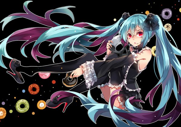 Anime picture 1000x706 with vocaloid hatsune miku tsukii single red eyes twintails very long hair aqua hair black background girl thighhighs dress black thighhighs detached sleeves food shoes frills skull doughnut