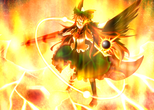 Anime picture 2800x2000 with touhou reiuji utsuho mugen soukyuu (artist) single long hair highres brown hair glowing glowing eye (eyes) black wings lightning arm cannon girl bow weapon hair bow wings fire