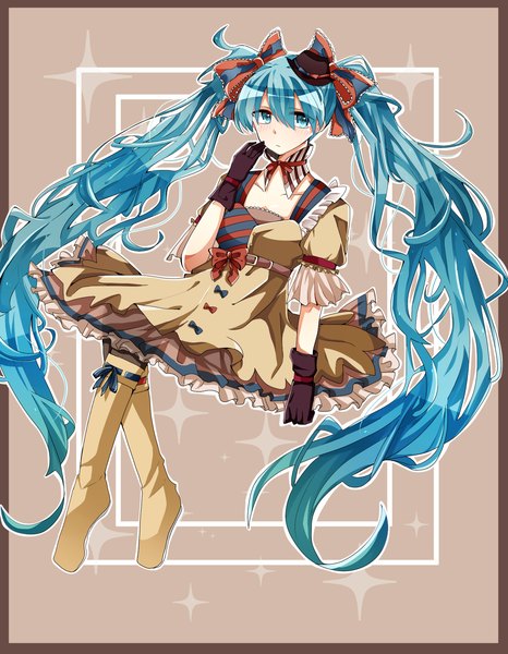 Anime picture 1400x1800 with vocaloid hatsune miku ennui heiwa miku yukino kazemaru single long hair tall image looking at viewer blue eyes twintails blue hair girl dress ribbon (ribbons) hair ribbon hat boots