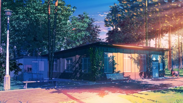 Anime picture 1920x1080 with everlasting summer iichan eroge arsenixc vvcephei highres wide image game cg sunlight wallpaper no people scenic morning collaboration camp plant (plants) tree (trees) window building (buildings) lantern bench