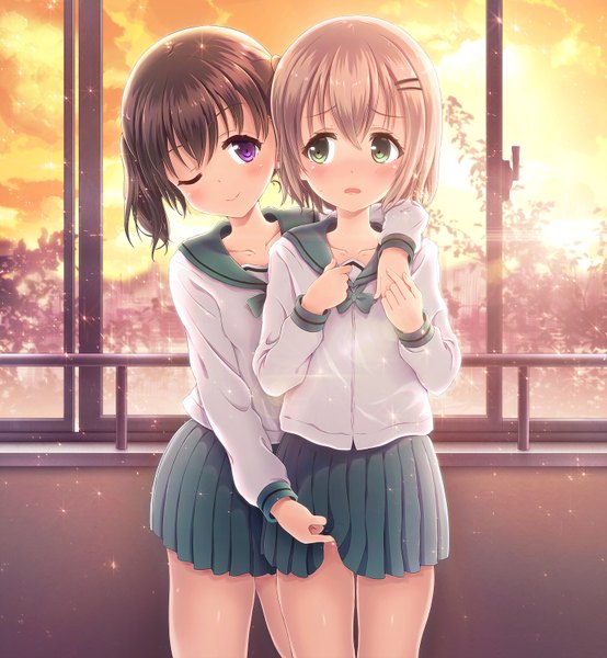 Anime picture 1478x1600 with yama no susume 8bit yukimura aoi kuraue hinata alc (ex2 lv) tall image blush light erotic blonde hair smile brown hair purple eyes multiple girls green eyes one eye closed wink evening sunset skirt lift shoujo ai