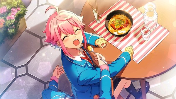 Anime picture 1136x640 with ensemble stars! himemiya touri blush fringe short hair open mouth hair between eyes wide image sitting pink hair game cg ahoge eyes closed from above official art multiple boys ^ ^ ^o^ boy uniform