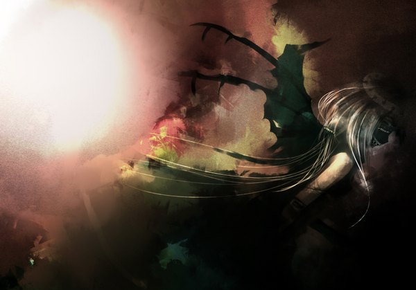 Anime picture 1600x1118 with original moekyon single long hair white hair torn wings girl wings mask full moon