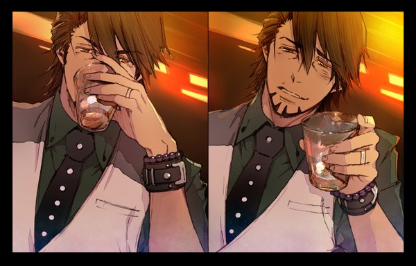 Anime picture 1405x900 with tiger & bunny sunrise (studio) kaburagi t. kotetsu mamita single looking at viewer short hair brown hair brown eyes drinking boy necktie bracelet ring vest drink alcohol glass beard