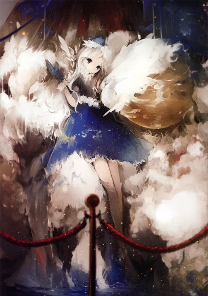 Anime picture 2473x3506 with original asahiro single long hair tall image looking at viewer highres blue eyes white hair scan sparkle snow girl dress gloves hat blue dress fence