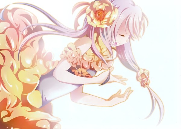 Anime picture 2939x2100 with vocaloid ia (vocaloid) mariwai (marireroy) single long hair highres open mouth simple background white background bare shoulders purple hair eyes closed profile hair flower girl dress hair ornament