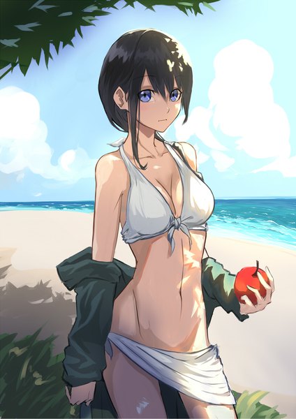 Anime picture 1240x1753 with hai to gensou no grimgar a-1 pictures merry (grimgar) leris muma single long hair tall image looking at viewer fringe blue eyes light erotic black hair hair between eyes holding sky cloud (clouds) outdoors beach halterneck hair over shoulder