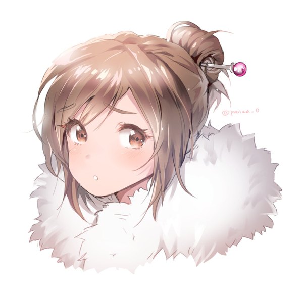 Anime picture 1308x1266 with overwatch blizzard entertainment mei (overwatch) panza single blush short hair simple background brown hair white background brown eyes signed looking away :o hair bun (hair buns) fur trim portrait no glasses girl hairclip