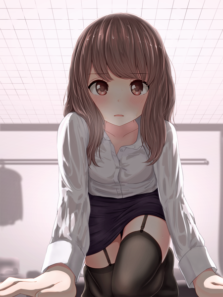 Anime picture 960x1280 with original minagiku single long hair tall image looking at viewer blush light erotic brown hair brown eyes on all fours girl thighhighs skirt black thighhighs shirt