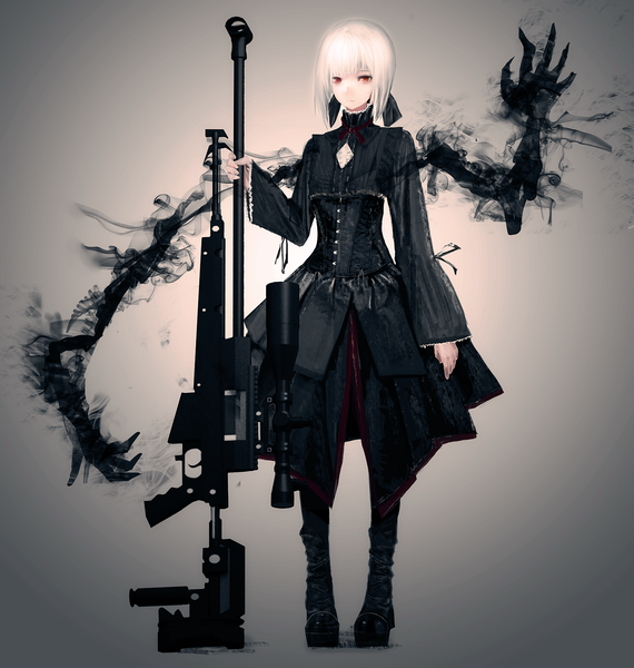 Anime picture 1500x1579 with nagai gojitsudan no nechronica yuyu single tall image looking at viewer short hair red eyes white hair grey background girl dress weapon boots gun