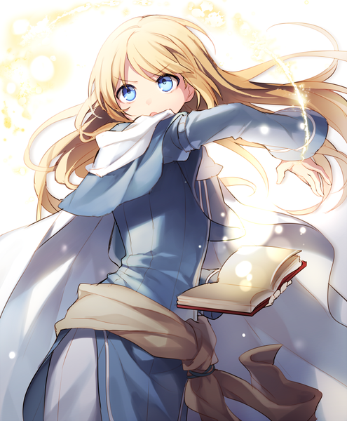 Anime picture 660x800 with original hijiri (resetter) single long hair tall image fringe open mouth blue eyes blonde hair white background holding looking away long sleeves wind :o turning head magic glow front-tie top magical girl