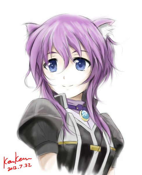 Anime picture 1193x1464 with dog days violle amaret kem kem single tall image short hair blue eyes smile white background signed animal ears purple hair cat ears girl