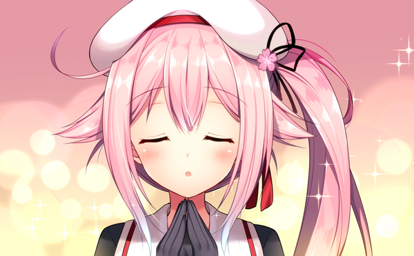 Anime picture 1615x1000 with kantai collection harusame destroyer ringo sui single long hair blush fringe open mouth simple background wide image payot pink hair ahoge eyes closed :o sparkle lens flare side ponytail fingers together girl