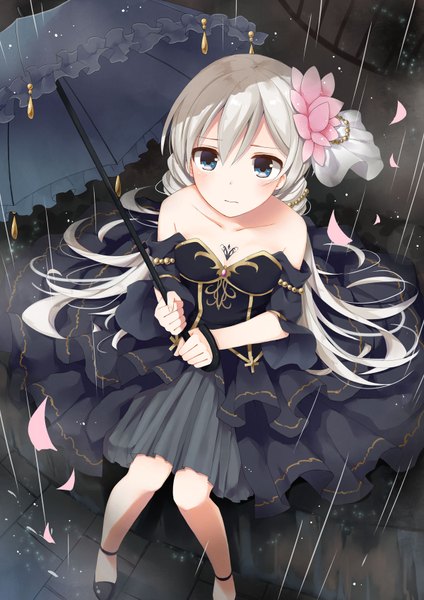 Anime picture 1200x1696 with original yon (letter) single tall image looking at viewer blush blue eyes bare shoulders white hair very long hair hair flower rain girl dress hair ornament flower (flowers) petals umbrella
