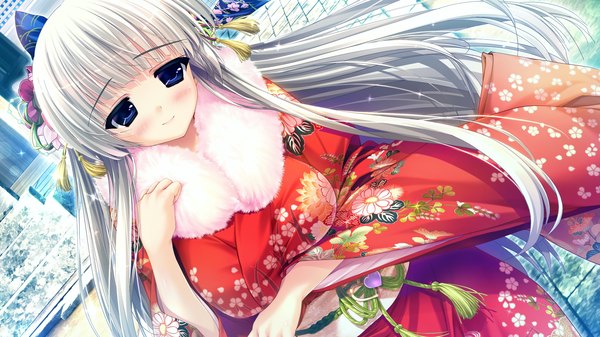 Anime picture 2560x1440 with prism recollection ashwin aina shintarou single long hair blush highres blue eyes smile wide image game cg white hair traditional clothes japanese clothes girl hair ornament flower (flowers) kimono fur-trimmed kimono